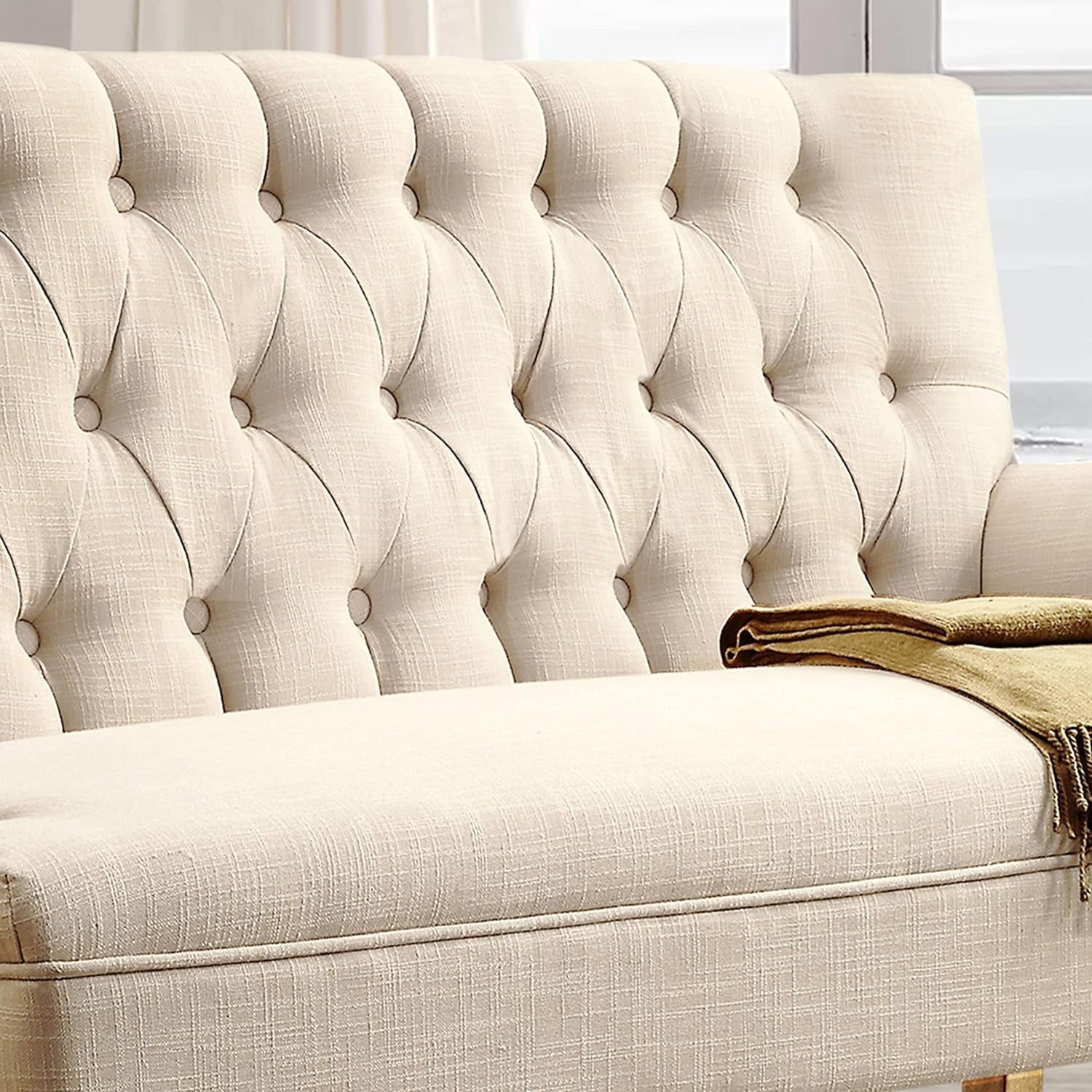 Beige Linen Loveseat Sofa With Sinuous Spring Support featuring tufted back and soft upholstery for stylish comfort.