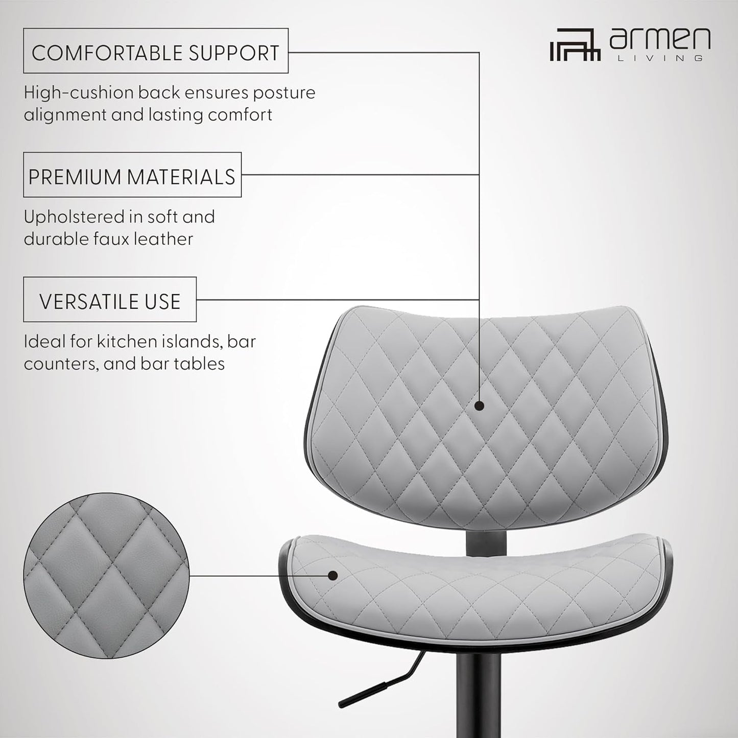 Grey Faux Leather Swivel Bar Stool With Adjustable Height