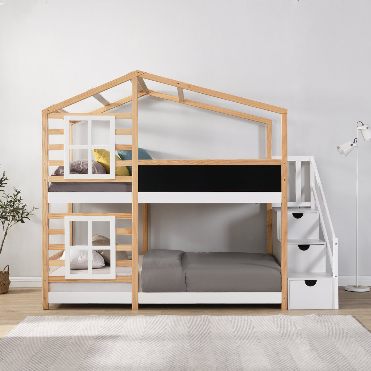 Twin Over Twin Bunk Bed House Bed With Roof Windows