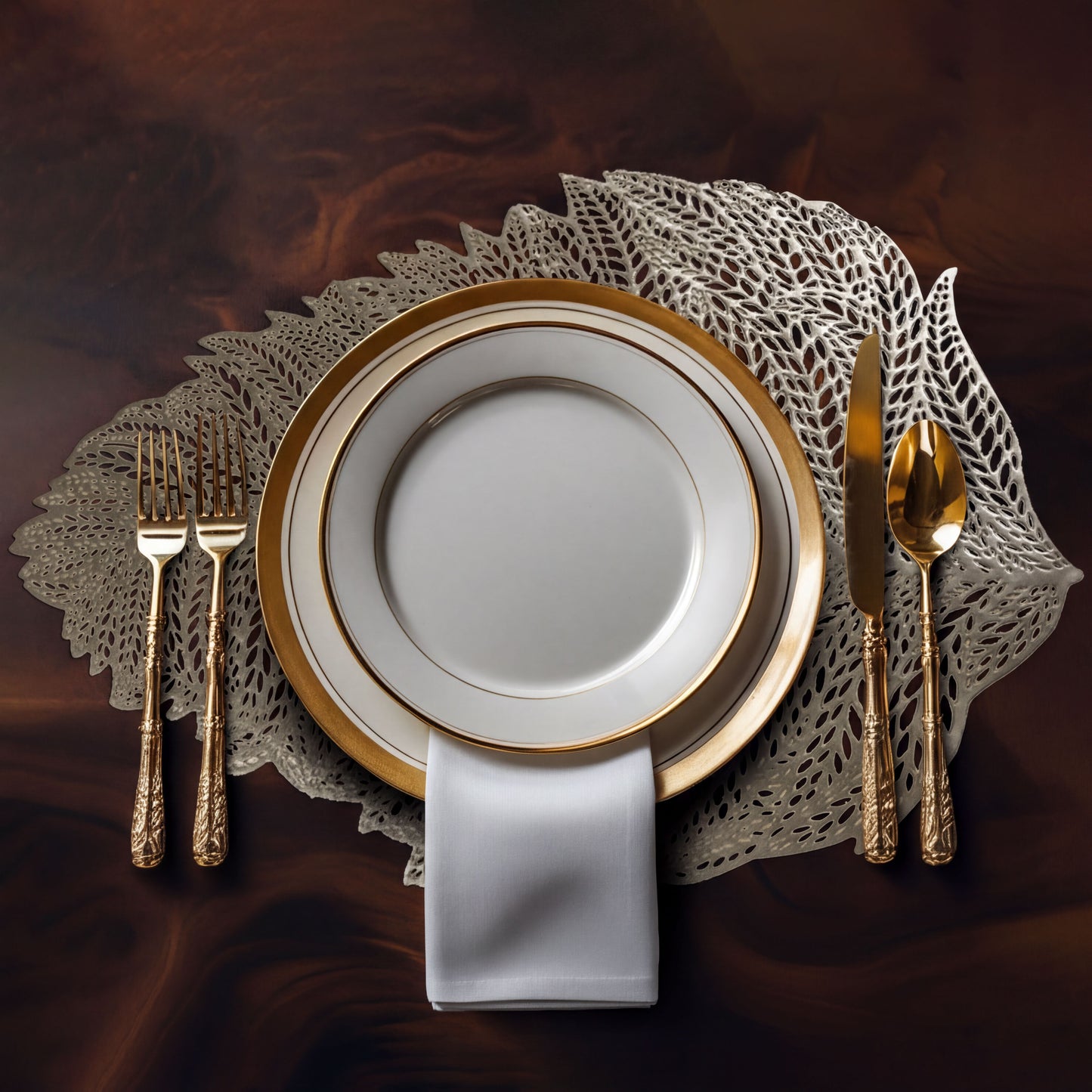 Vinyl Placemats Set - Leaf Cut Out Gold Table Mats, Heat Resistant & Non Slip