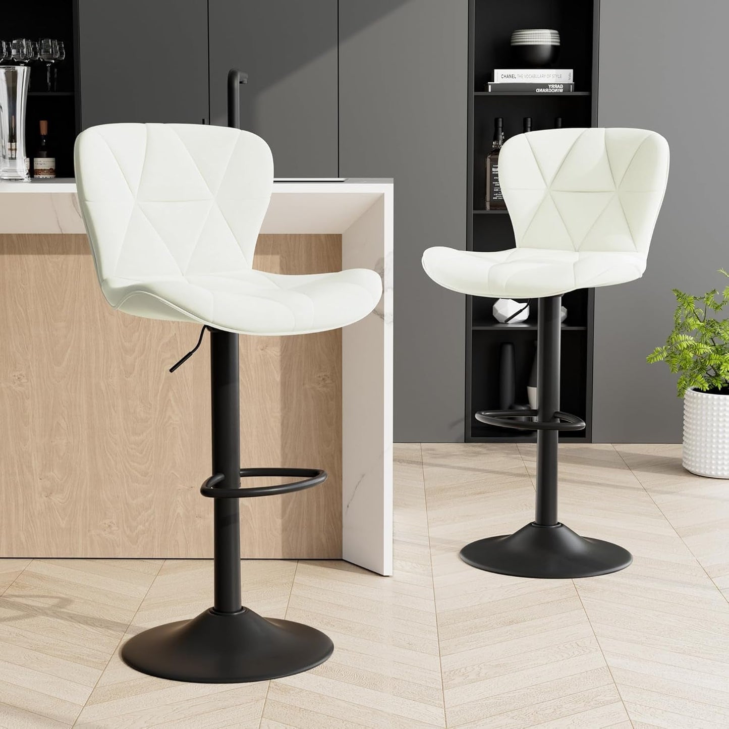 Adjustable Swivel Bar Stools Set Of 2 White Faux Leather