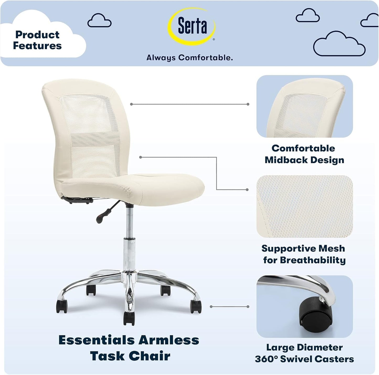 Armless Desk Chair With Mesh Back And Wheels Cream White