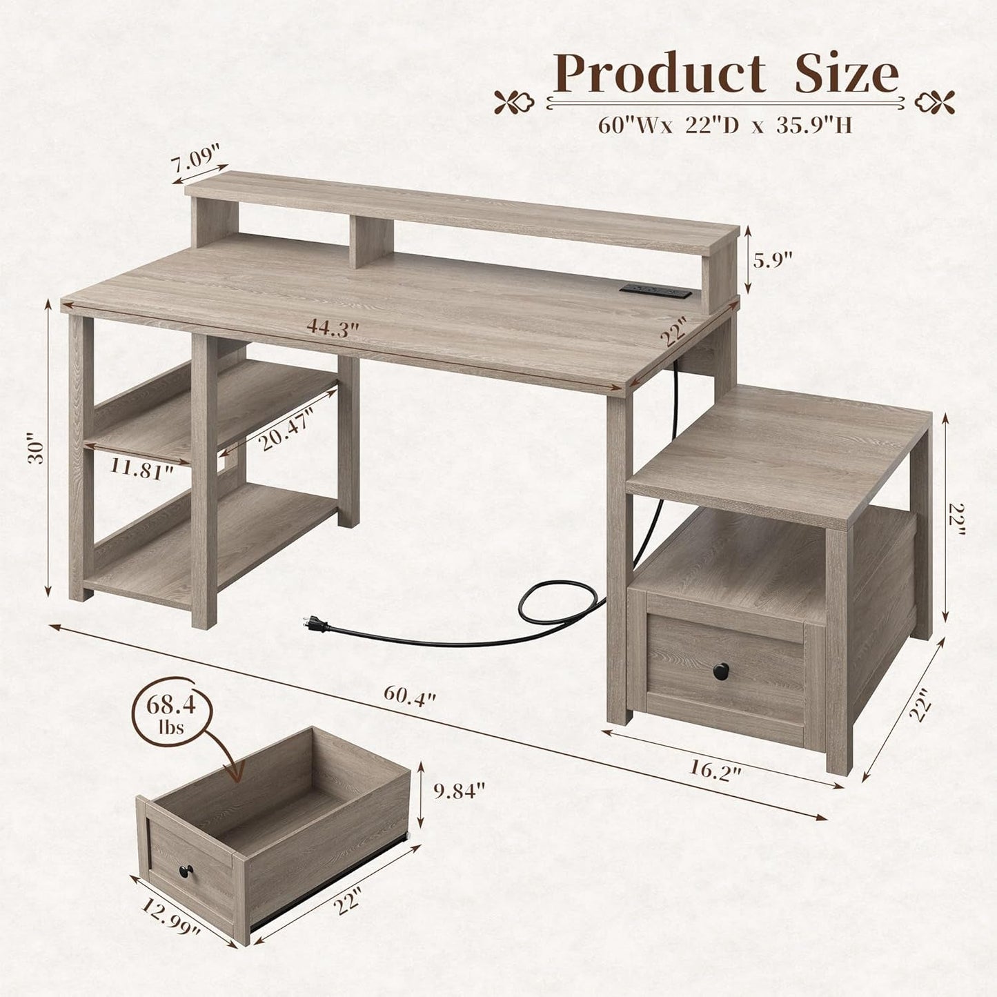 Ash Gray 60.4Inch Computer Desk Multifunctional Storage