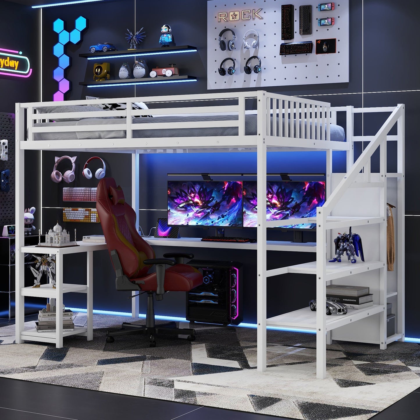 Metal Queen Loft Bed with Wardrobe and LED Light, Queen Size Loft Bed with L Shaped Desk and USB for Kids Teens Adults, White