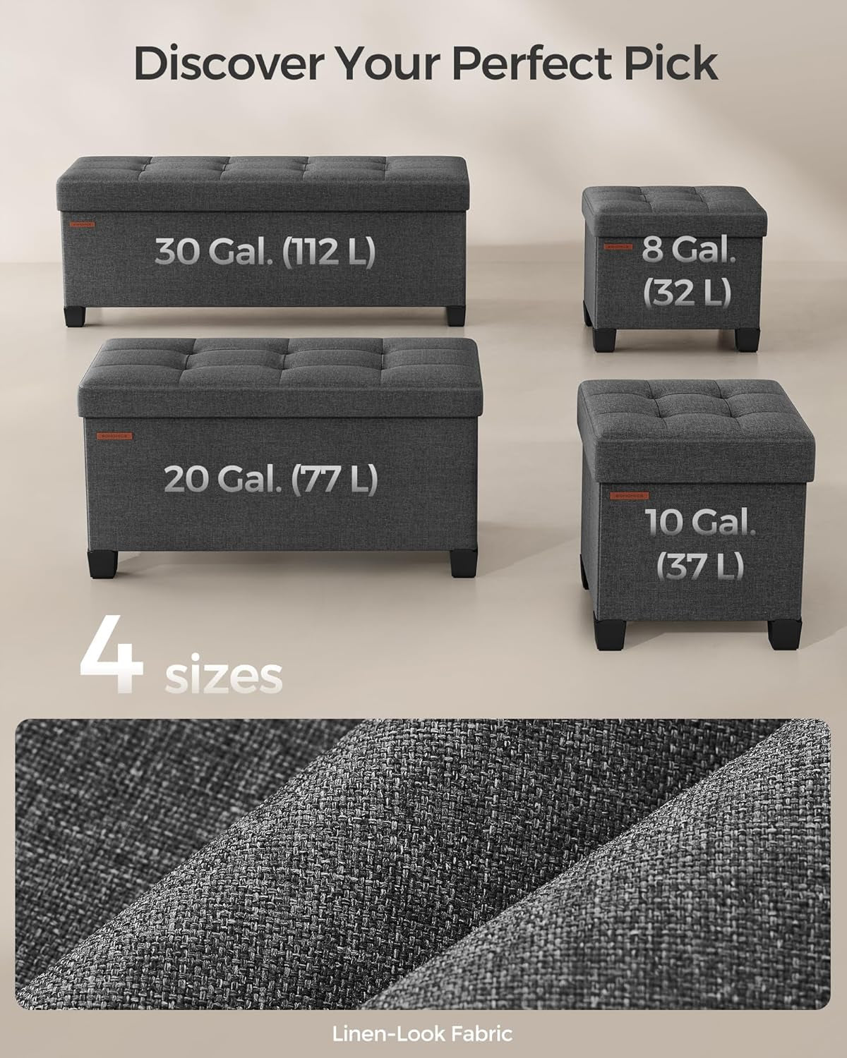 Slate Gray Storage Ottoman Bench 15x30x15.2 Inches