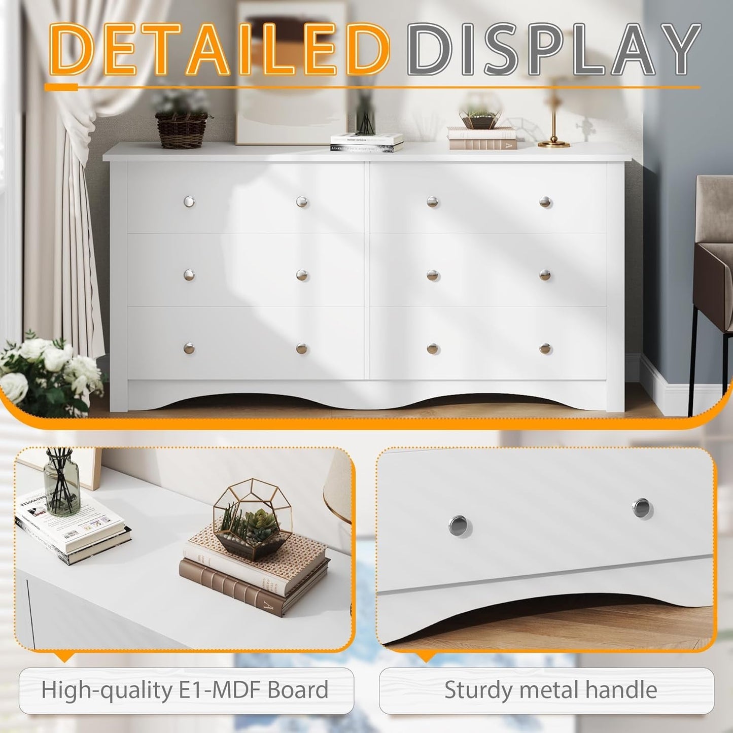 6 Drawer Dresser and TV Stand in White for 65 Inch TV