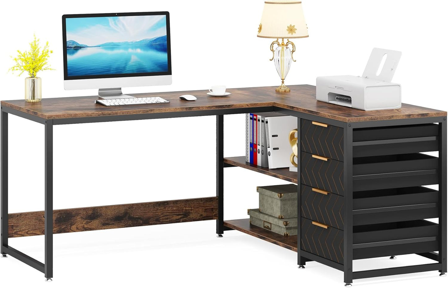 59” L-Shaped Computer Desk with Drawers and Storage Shelves
