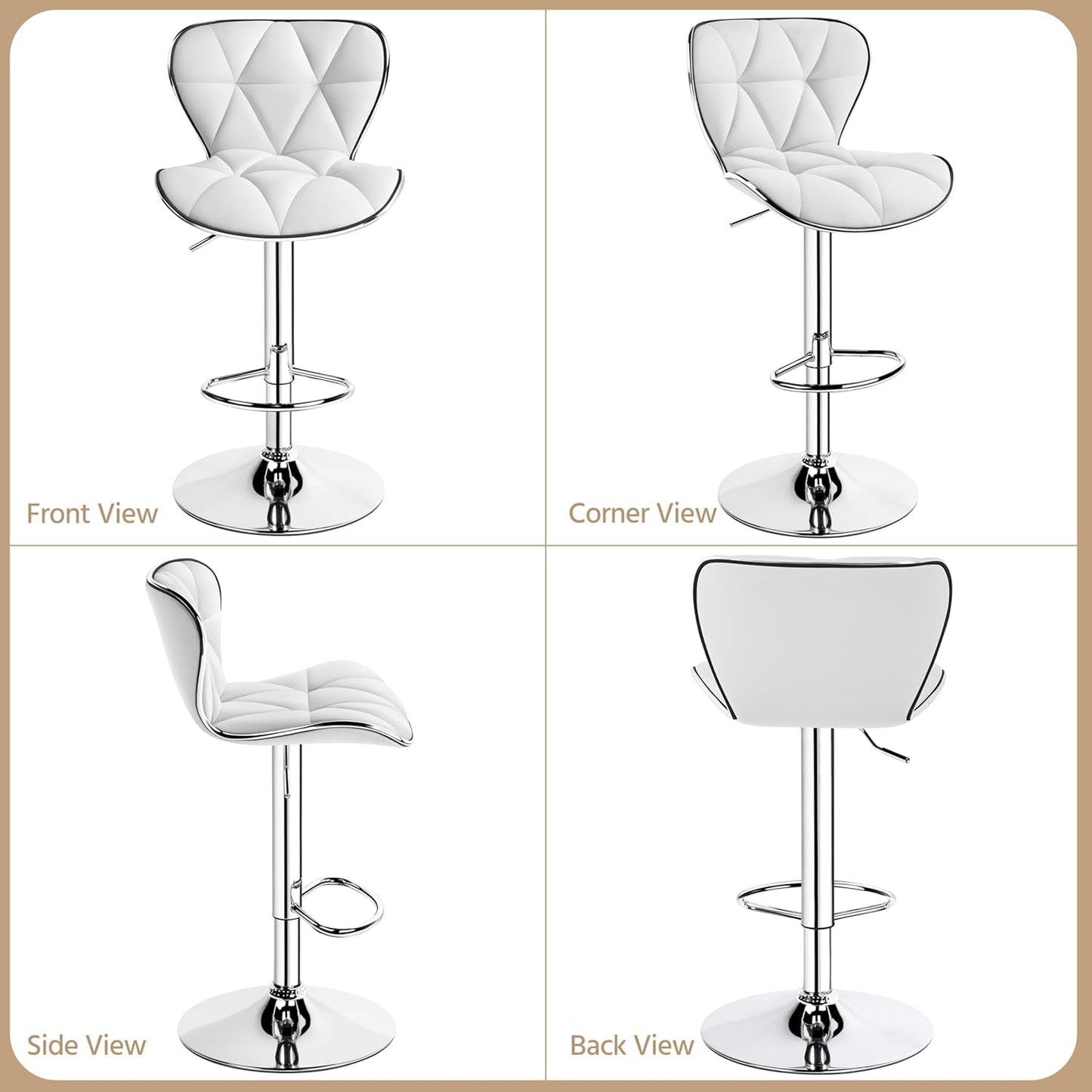 Bar Stools Set Of 2 White PU Leather Adjustable Swivel
