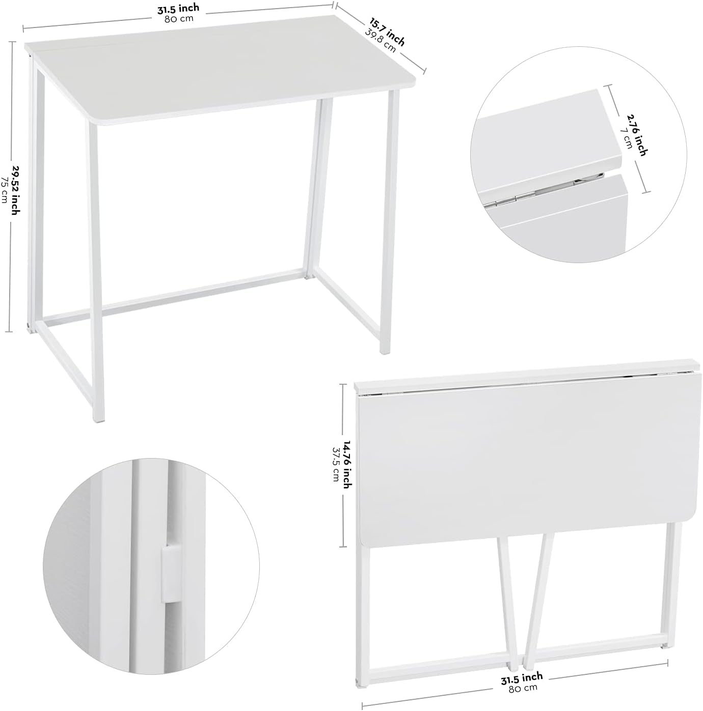 31.5 Inch Folding Desk White For Small Spaces Home Office