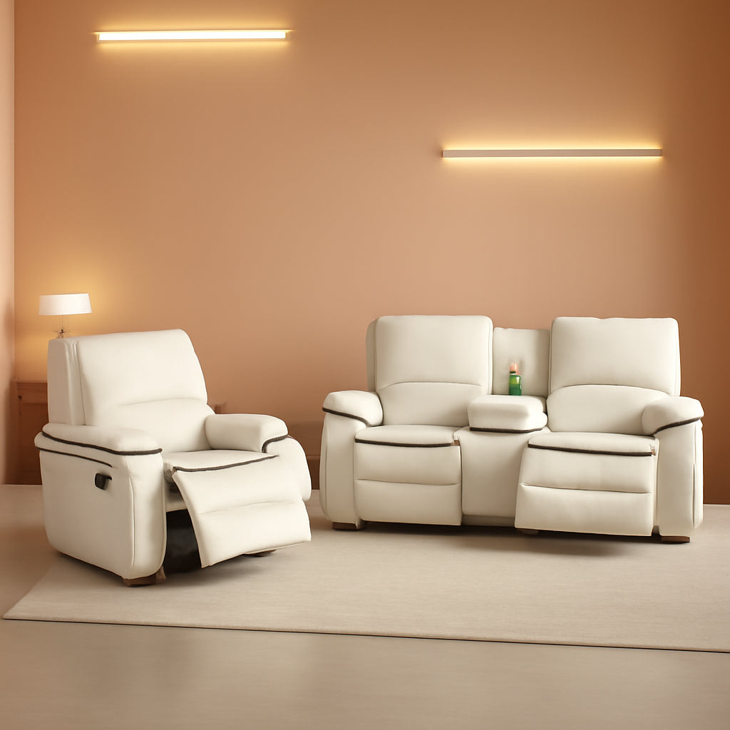 Cream White Bonded Leather Recliner Sofa Set With Manual Recliner