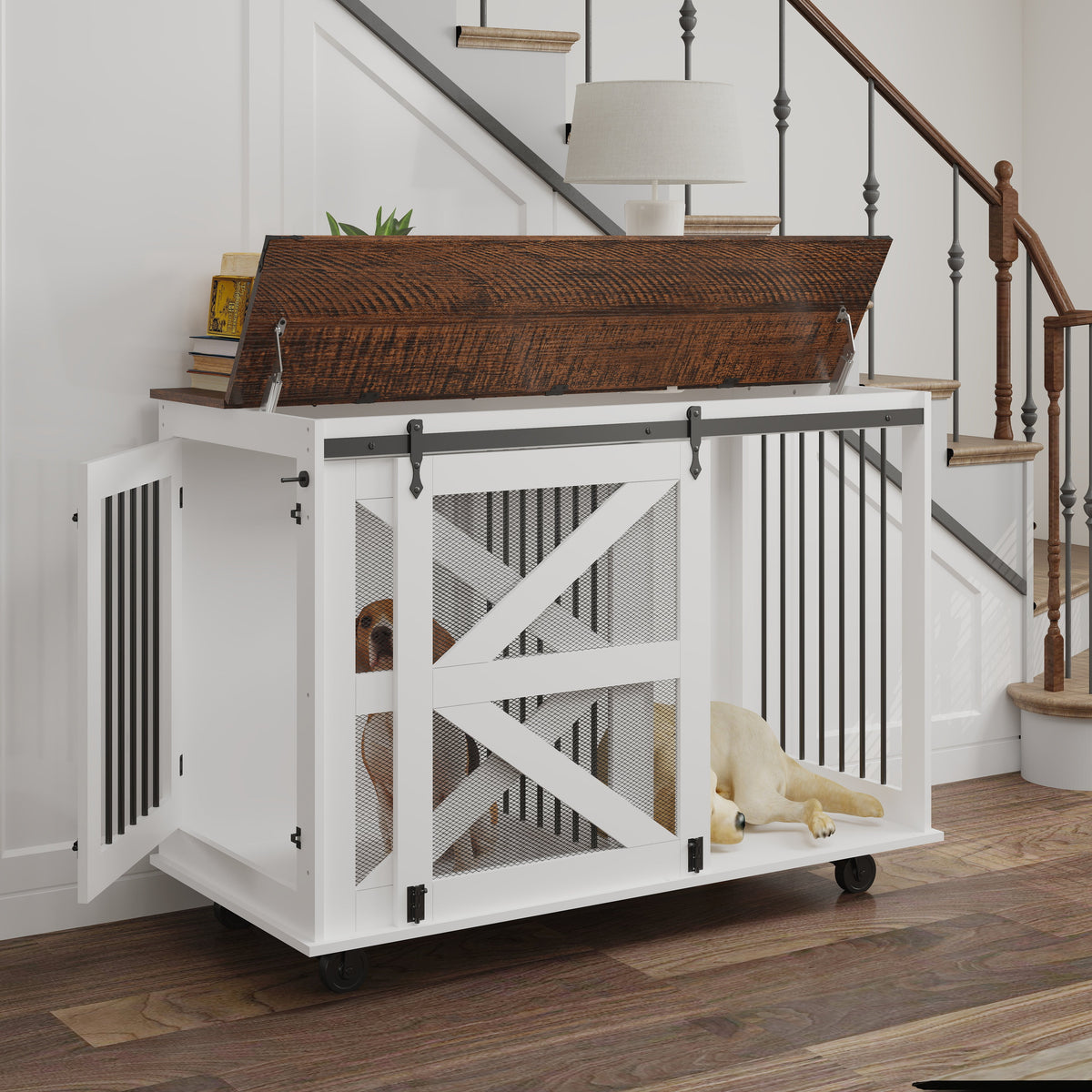 47.2" Mobile Dog Crate with Flip-Top Feeding Door