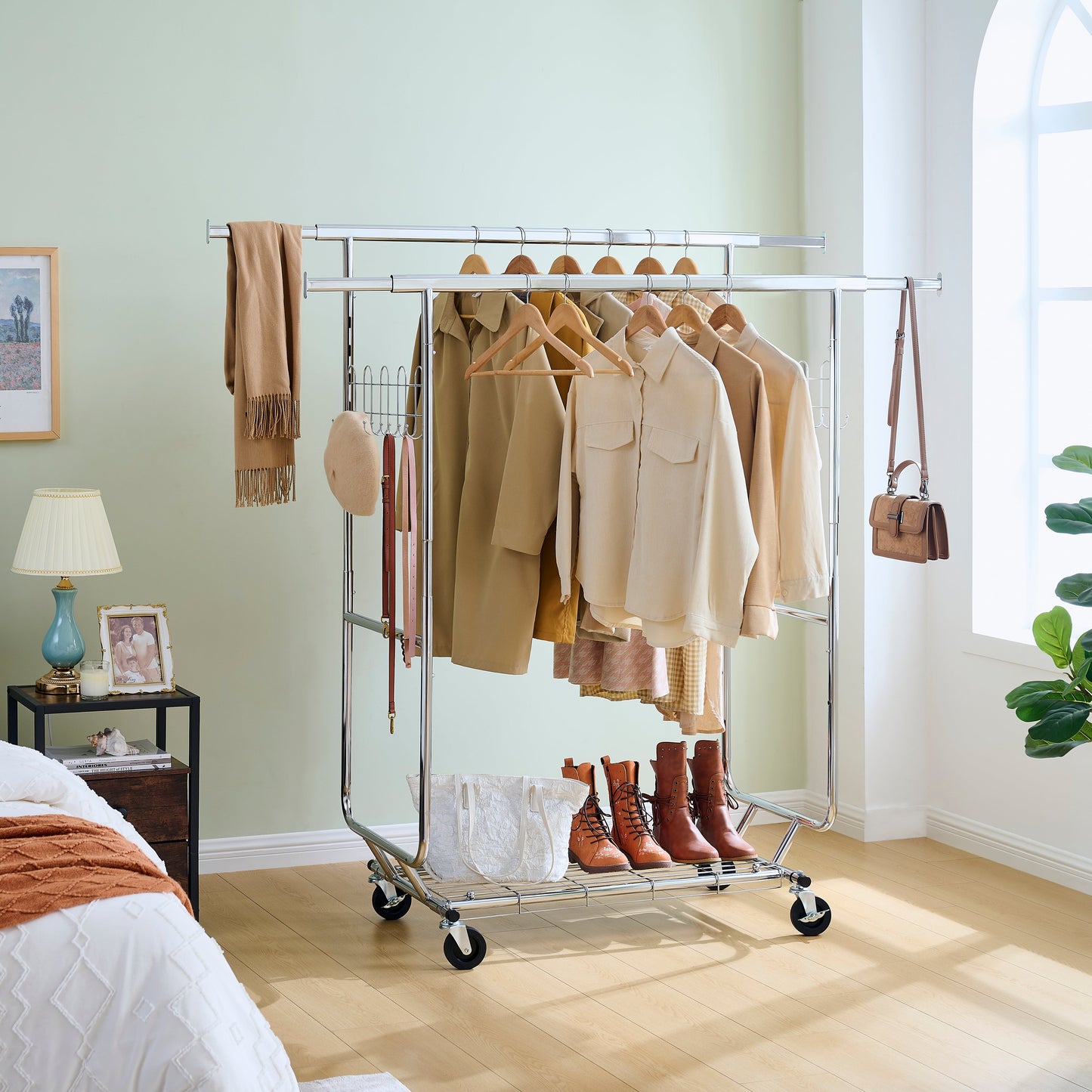 Double Clothing Garment Rack with Shelves