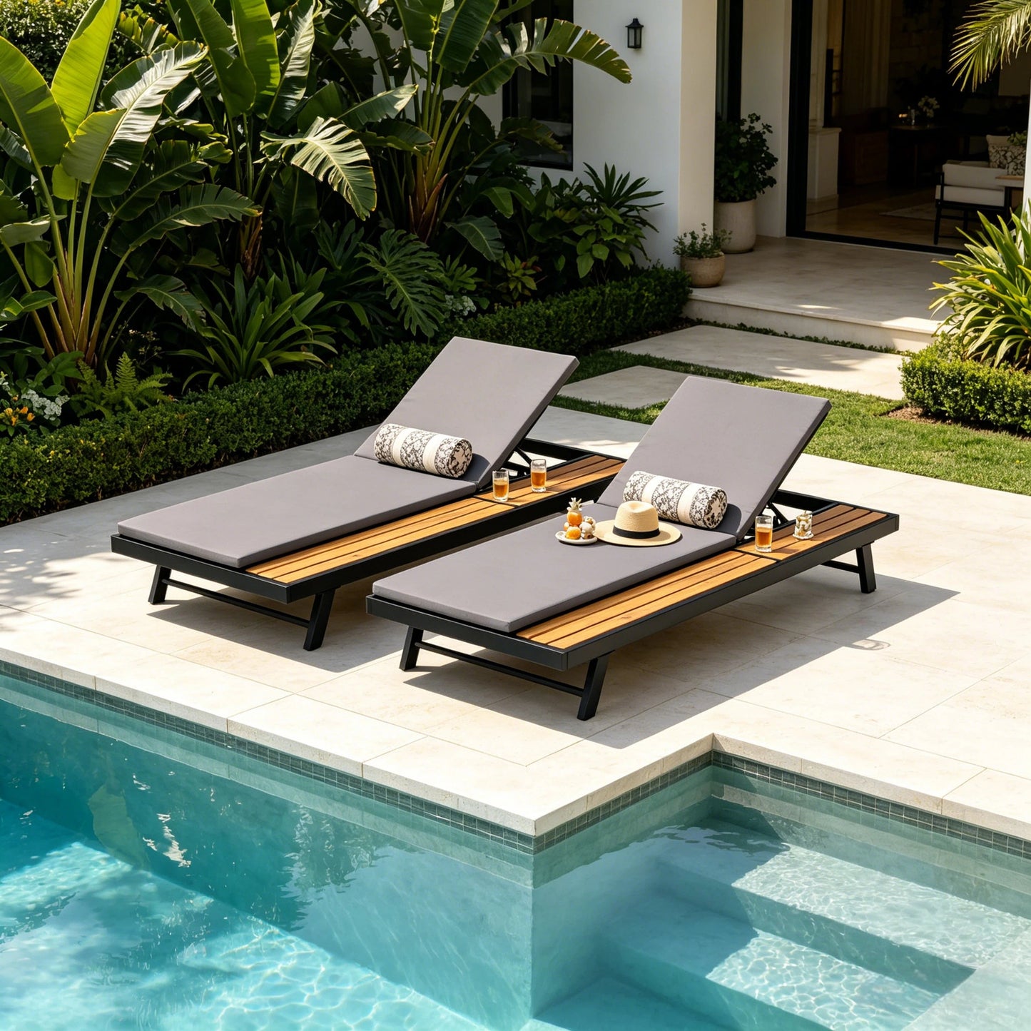 Black Iron + Teak Finish Outdoor Chaise Lounge Set with Dark