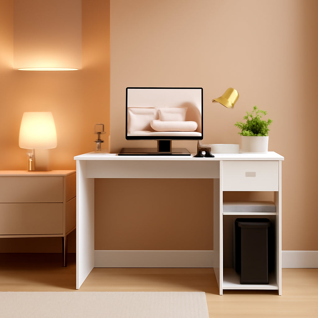 White 44 Inch Desk And Black Mesh Chair Set With Adjustable