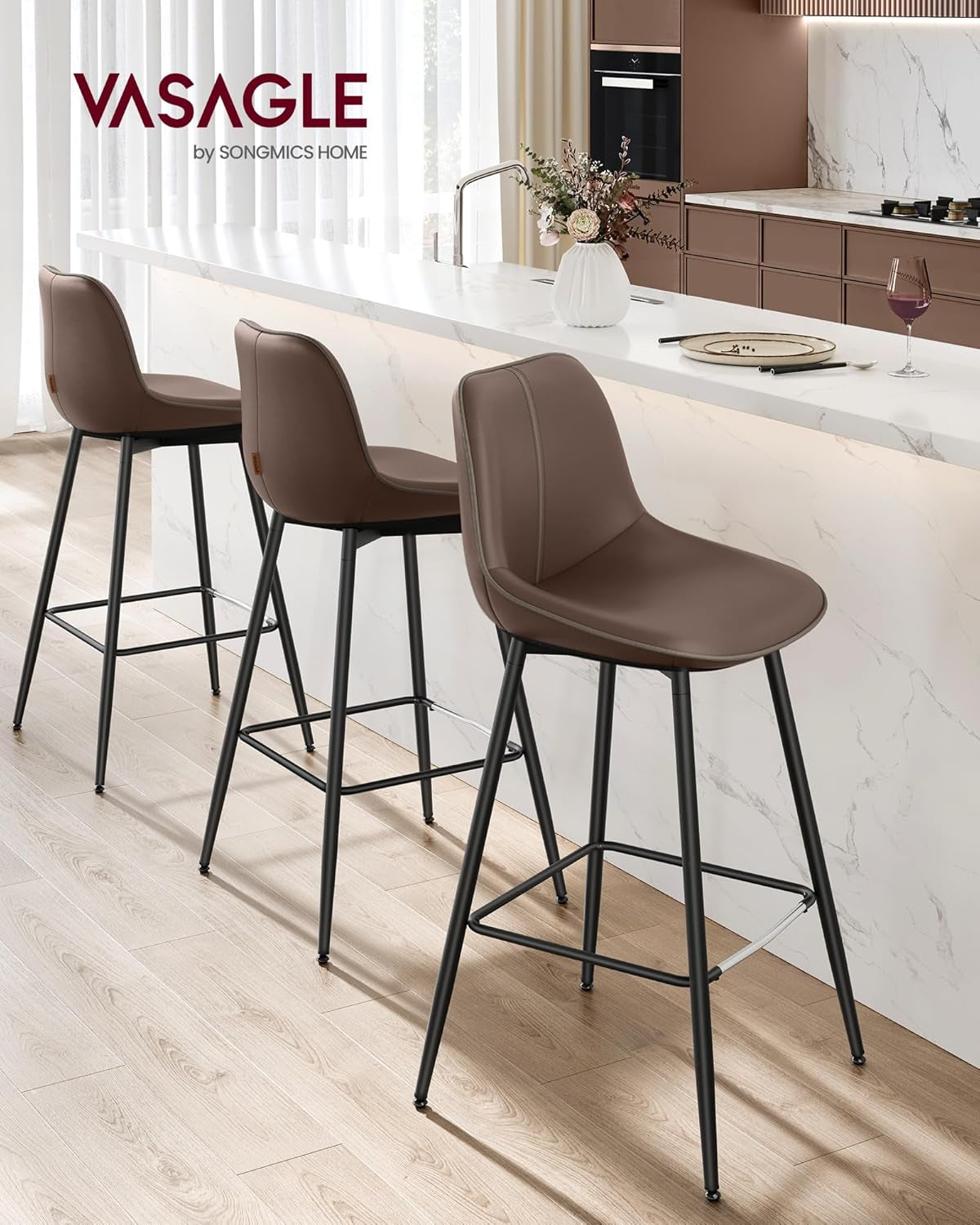 Bar Stools Set Of 2, 28.7 Inch Bar Height With Back, Coffee Brown