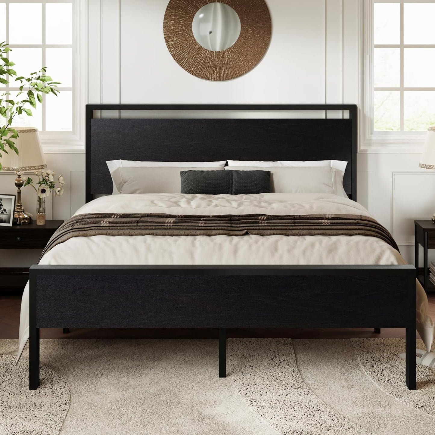 Queen Platform Bed Frame With Wooden Headboard And Footboard Black Oak
