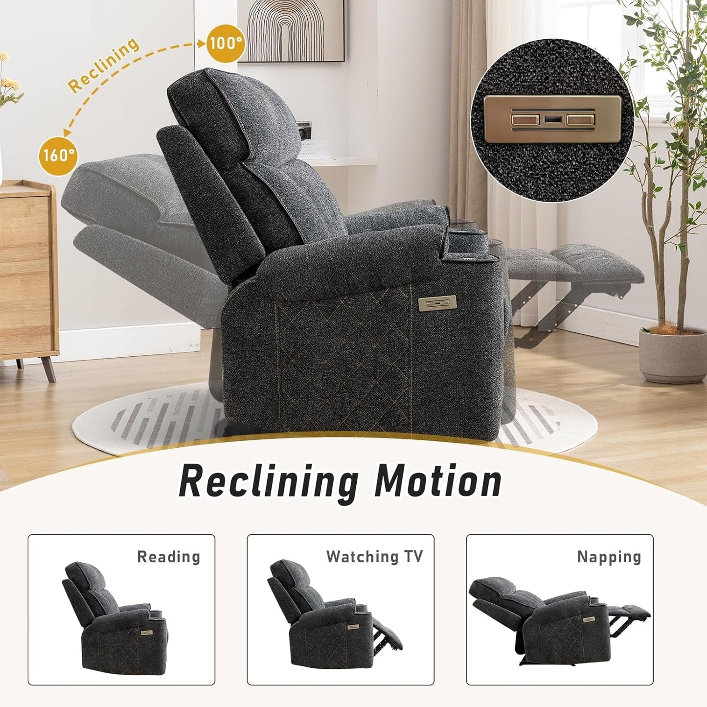 Electric Recliner Chair With Soft Fabric And Cup Holders