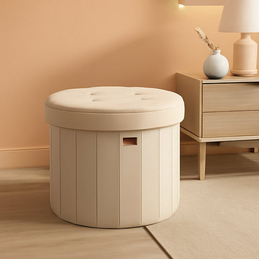 Round Folding Storage Ottoman Cappuccino Beige Velvet