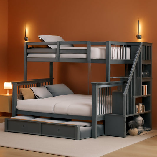 Twin Over Full Bunk Bed With Trundle Storage Shelves Grey