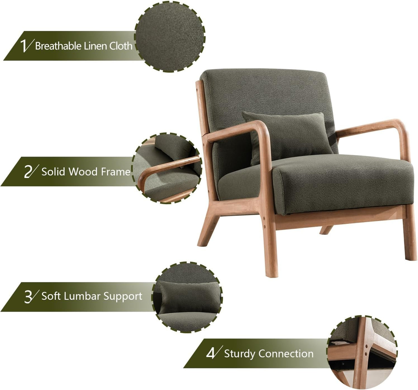 Green Upholstered Mid Century Modern Accent Armchair