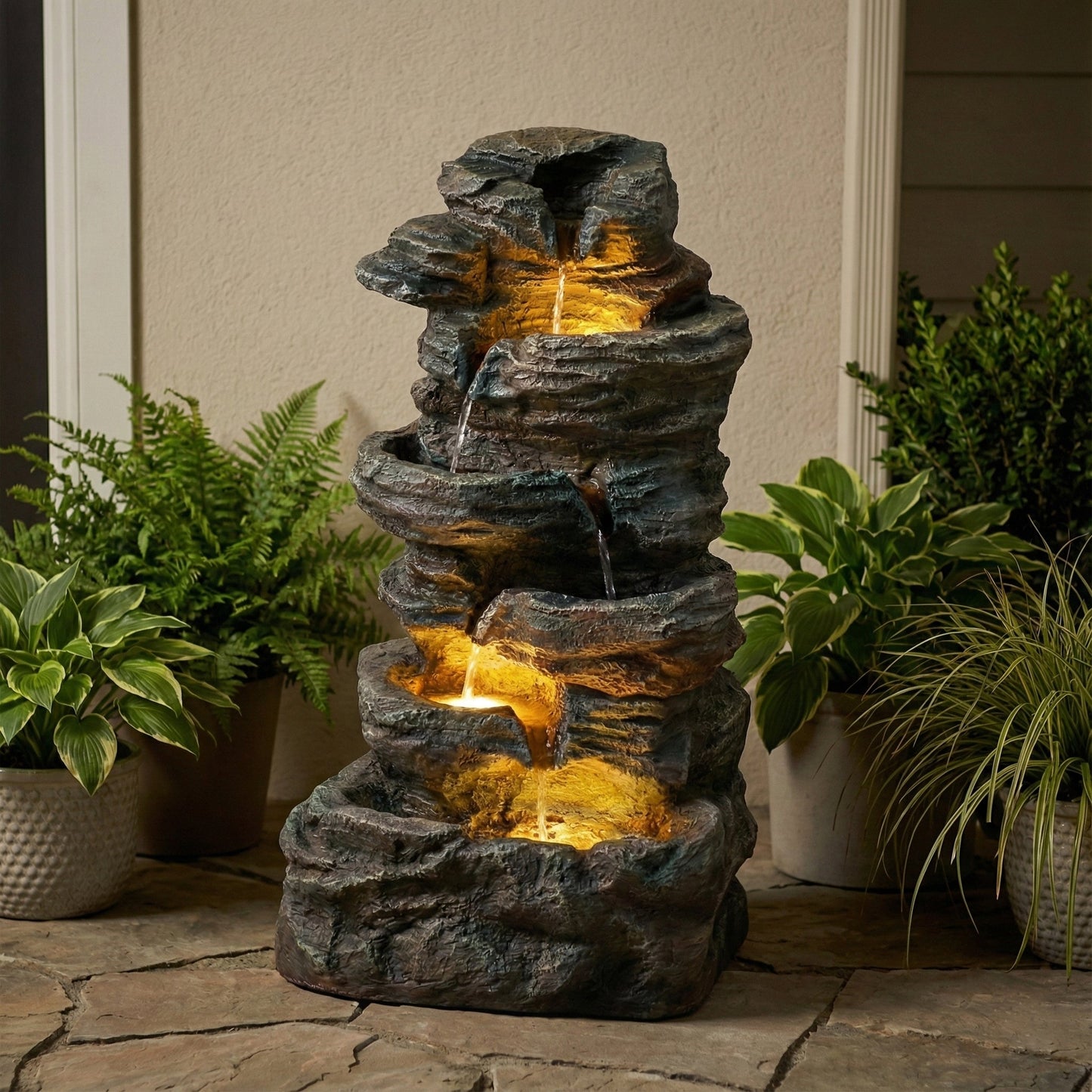 6-Tier Outdoor Cascading Stone Water Fountain with LED Lights