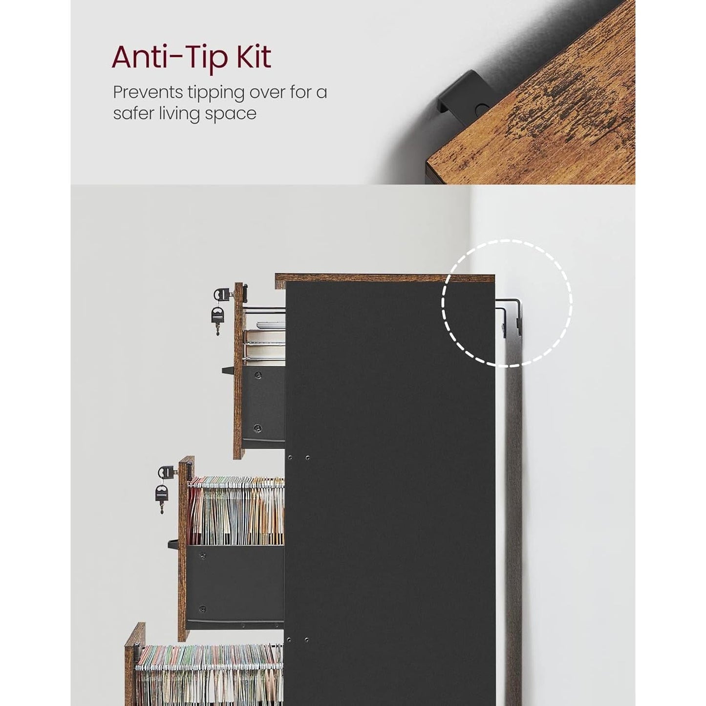 Brown Filing Cabinet With Lock And Printer Stand For Office