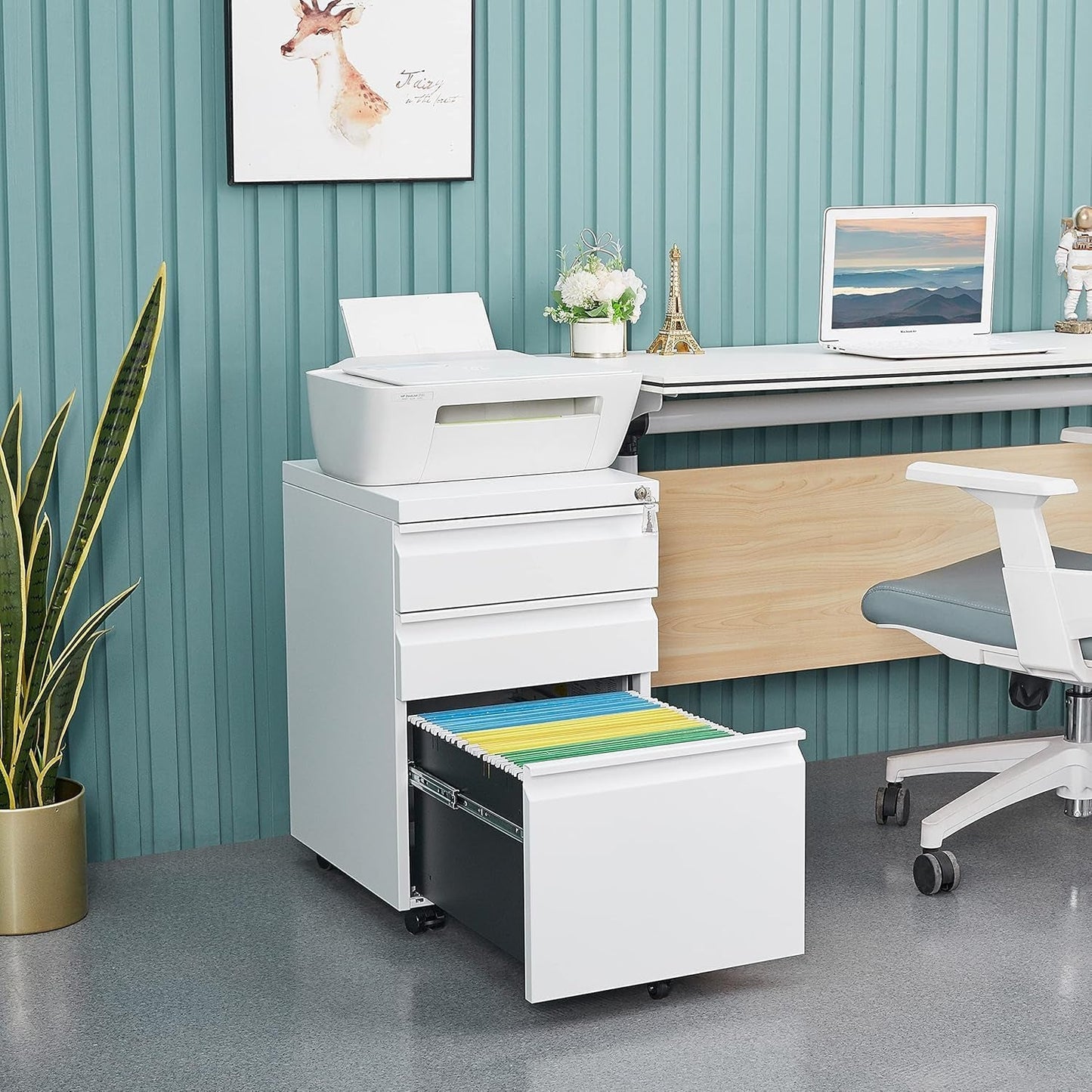 Three Drawer Locking File Cabinet Matte White For Home Office Under Desk Fully Assembled A4 Letter Legal