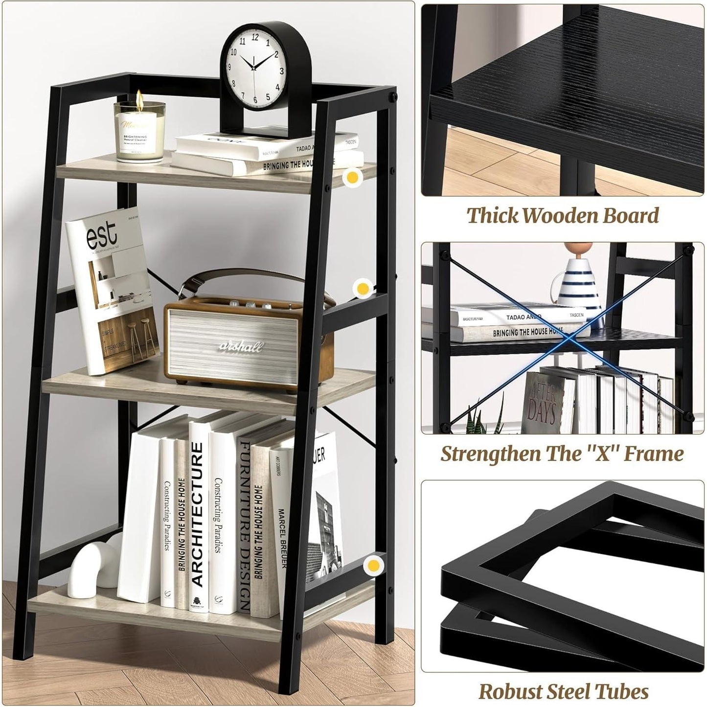 3-Tier Ladder Bookshelf With Steel Frame Greige Black