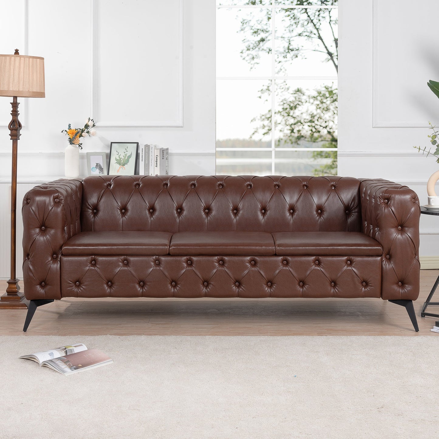Traditional Square Arm 3-Seater Sofa with Removable Cushion, Dark Brown PU, 84.06 Inch