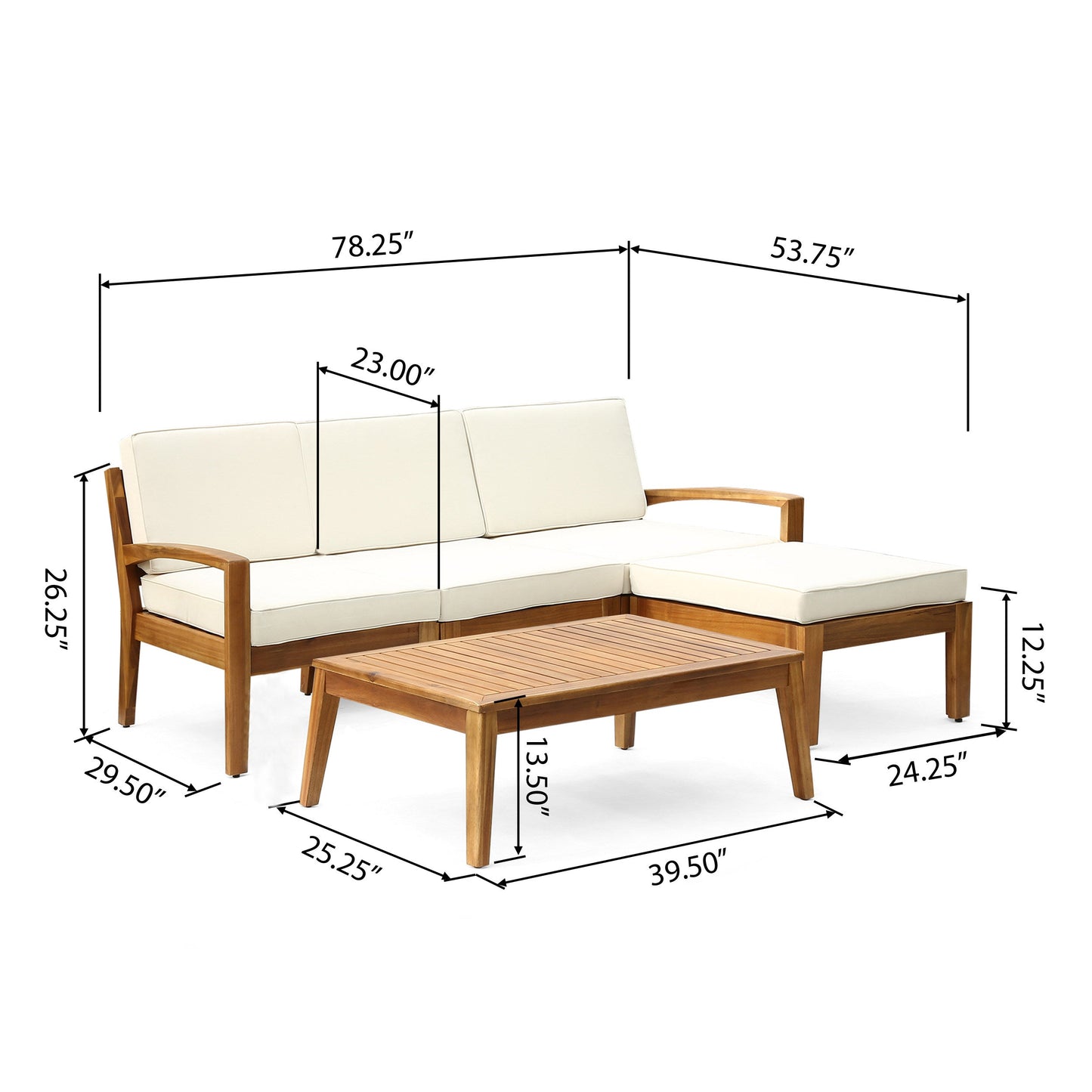 Outdoor L Shape 3-Piece Acacia Wood Patio Sofa Set