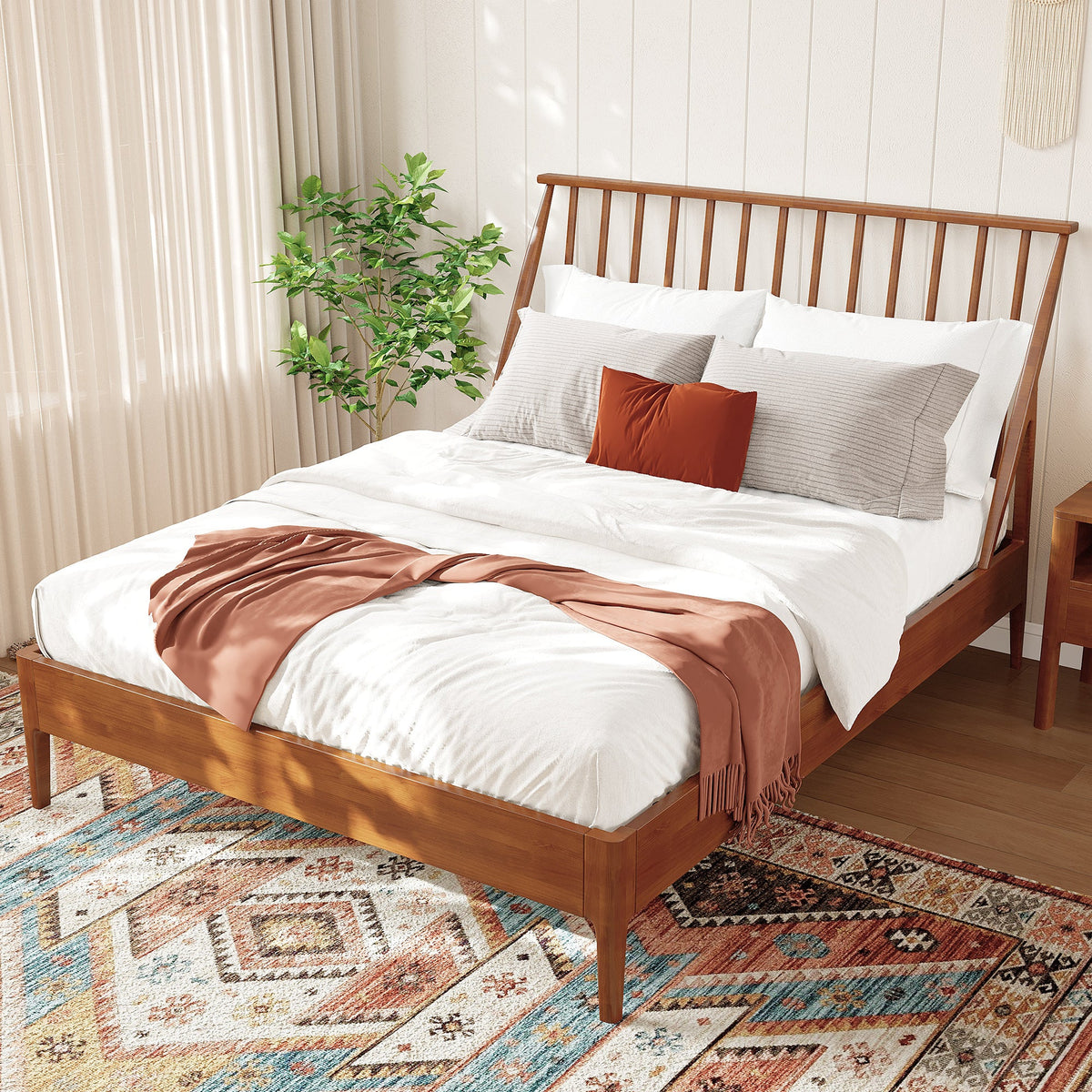 Solid Bamboo Wood Spindle Platform Queen Bed