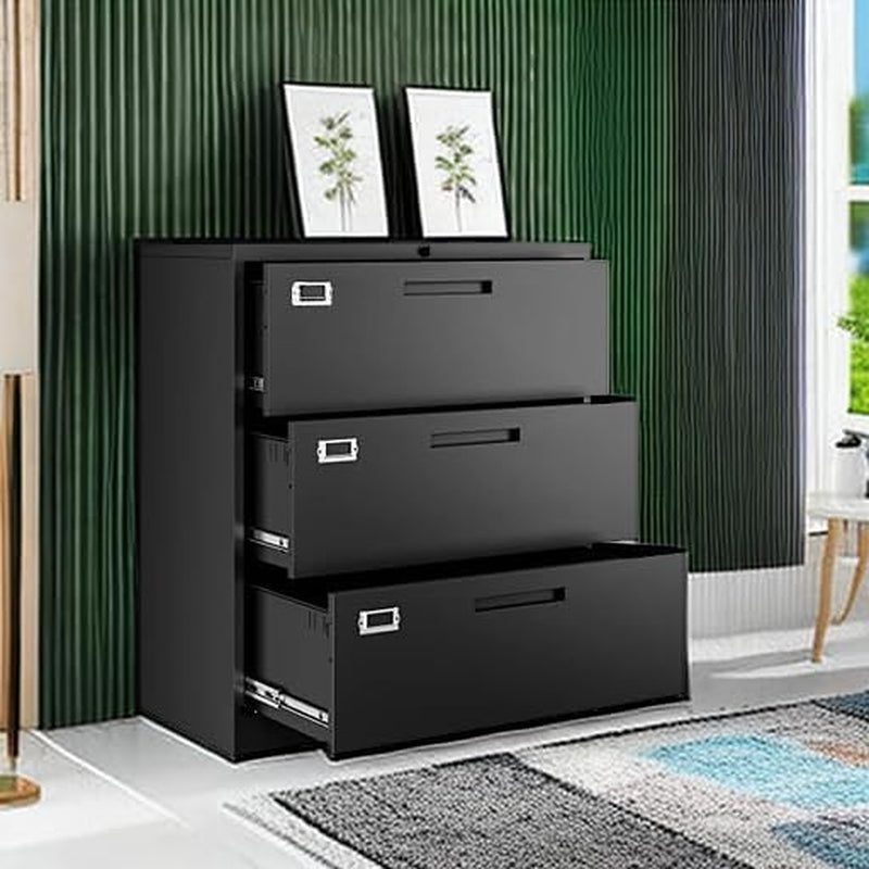 Lateral 3 Drawer File Cabinet With Lock Black Office