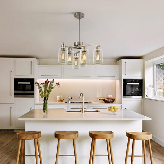 Six Light Brushed Nickel Industrial Glass Chandelier
