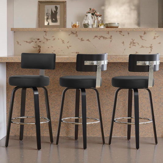29 Inch Counter Height Black Faux Leather Swivel Bar Stools With Back Set Of 3