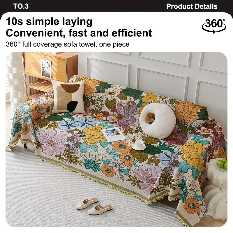 Linen Sofa Cover | Floral Tassel Throw, Pet-Friendly & Non-Slip