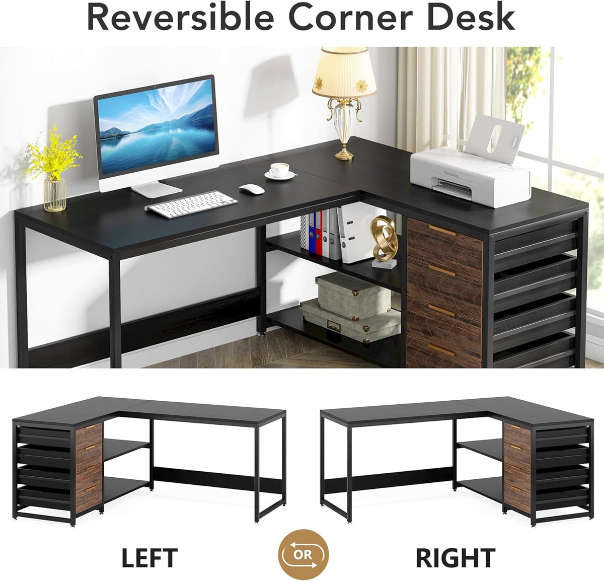 59 Inches L-Shaped Computer Desk with Drawers and Storage Shelves