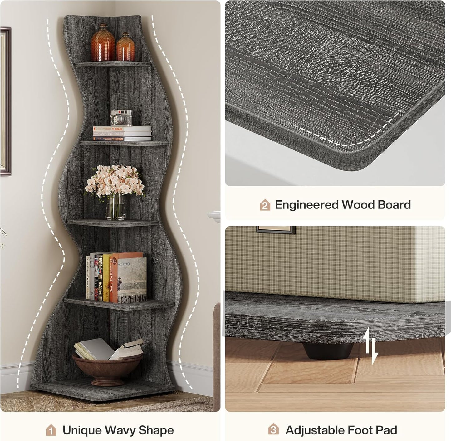 69.8" Height 5-Tier Wavy Corner Bookshelf