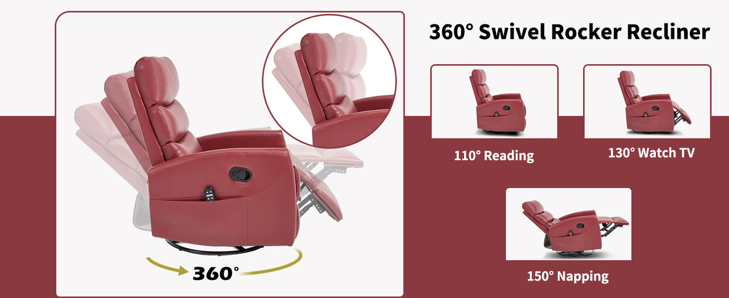 Heat Massage Manual Recliner Chair with Rocker and Swivel in Fabric for Living Room, Red