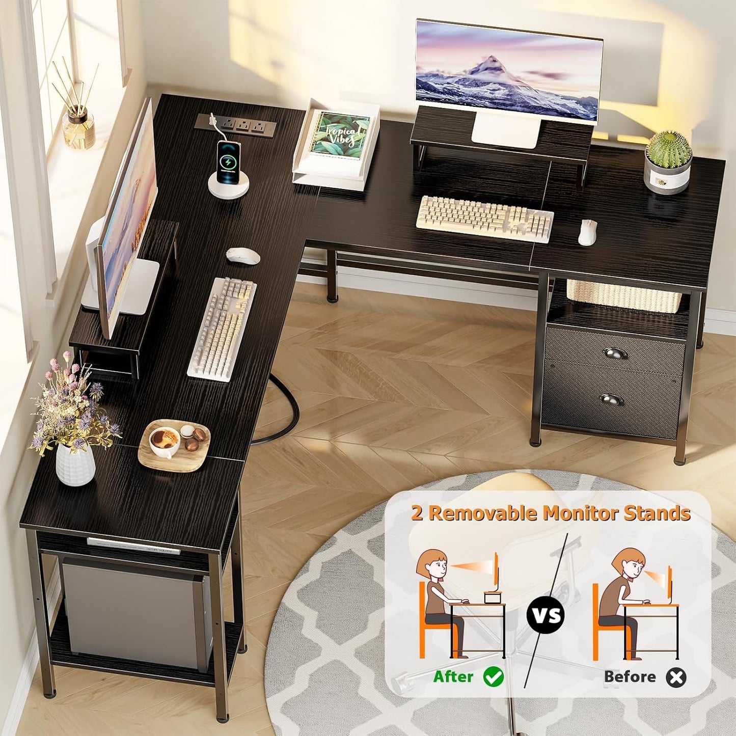 Fifty Nine Inch L Shaped Desk With Black Storage Drawers Unit