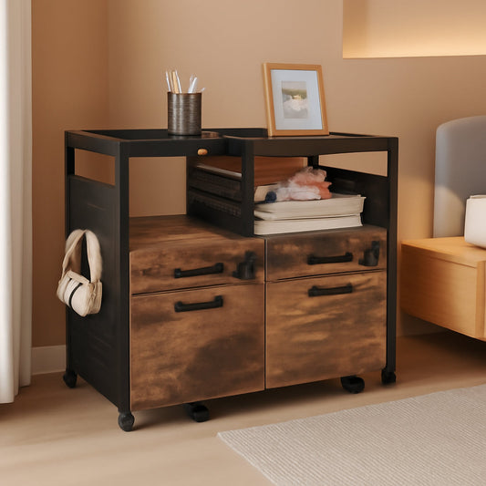 Lateral File Cabinet Printer Stand Drawers Rustic Brown