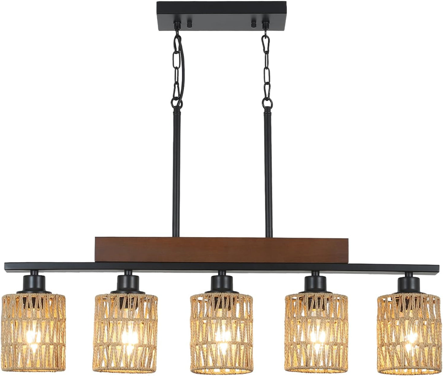 Rattan Farmhouse 5 Light Linear Chandelier Black Lighting featuring woven rattan shades and modern iron design.