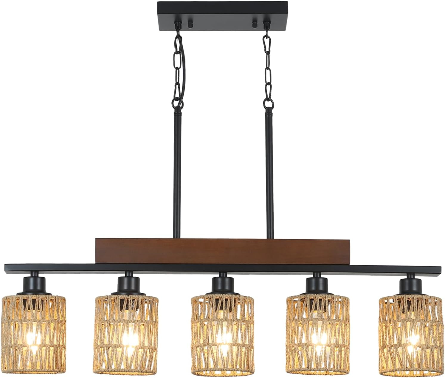 Rattan Farmhouse 5 Light Linear Chandelier Black Lighting featuring woven rattan shades and modern iron design.