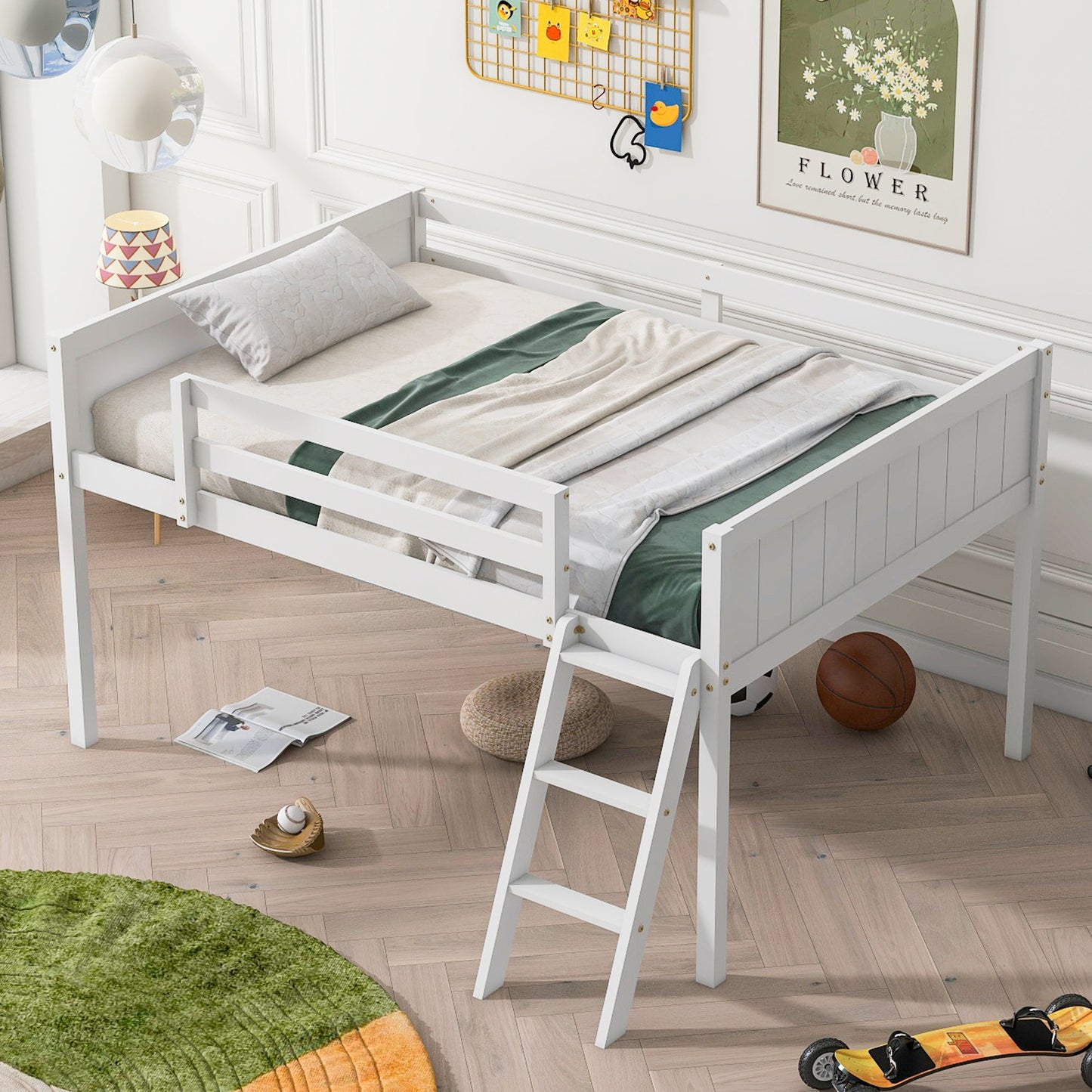 Full Size Wood Low Loft Bed with Ladder