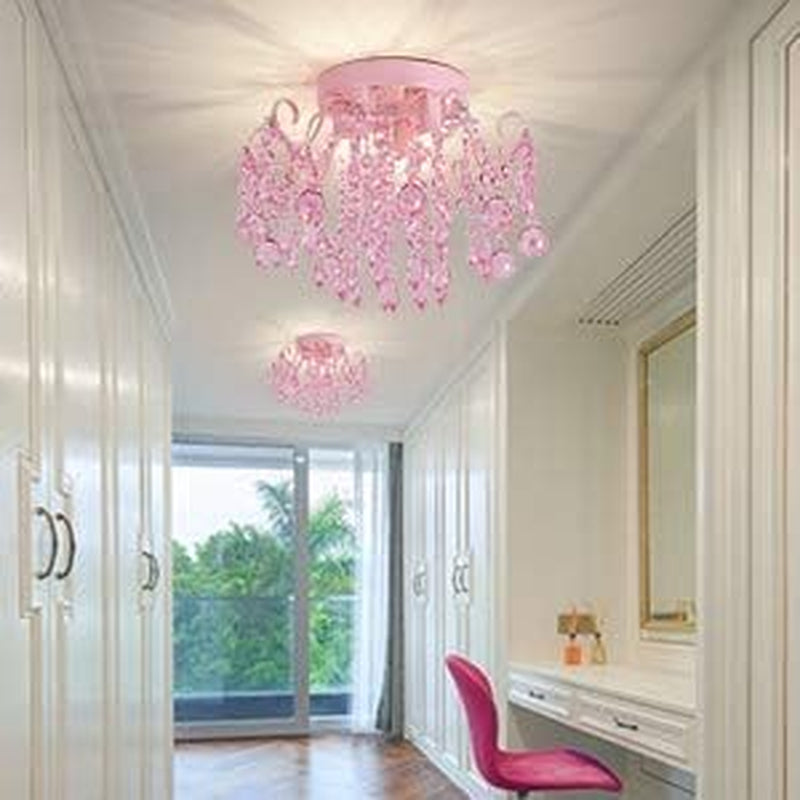 Pink Crystal Mini Chandelier 3 Light Semi Flush Mount illuminating a stylish hallway with pink accents.