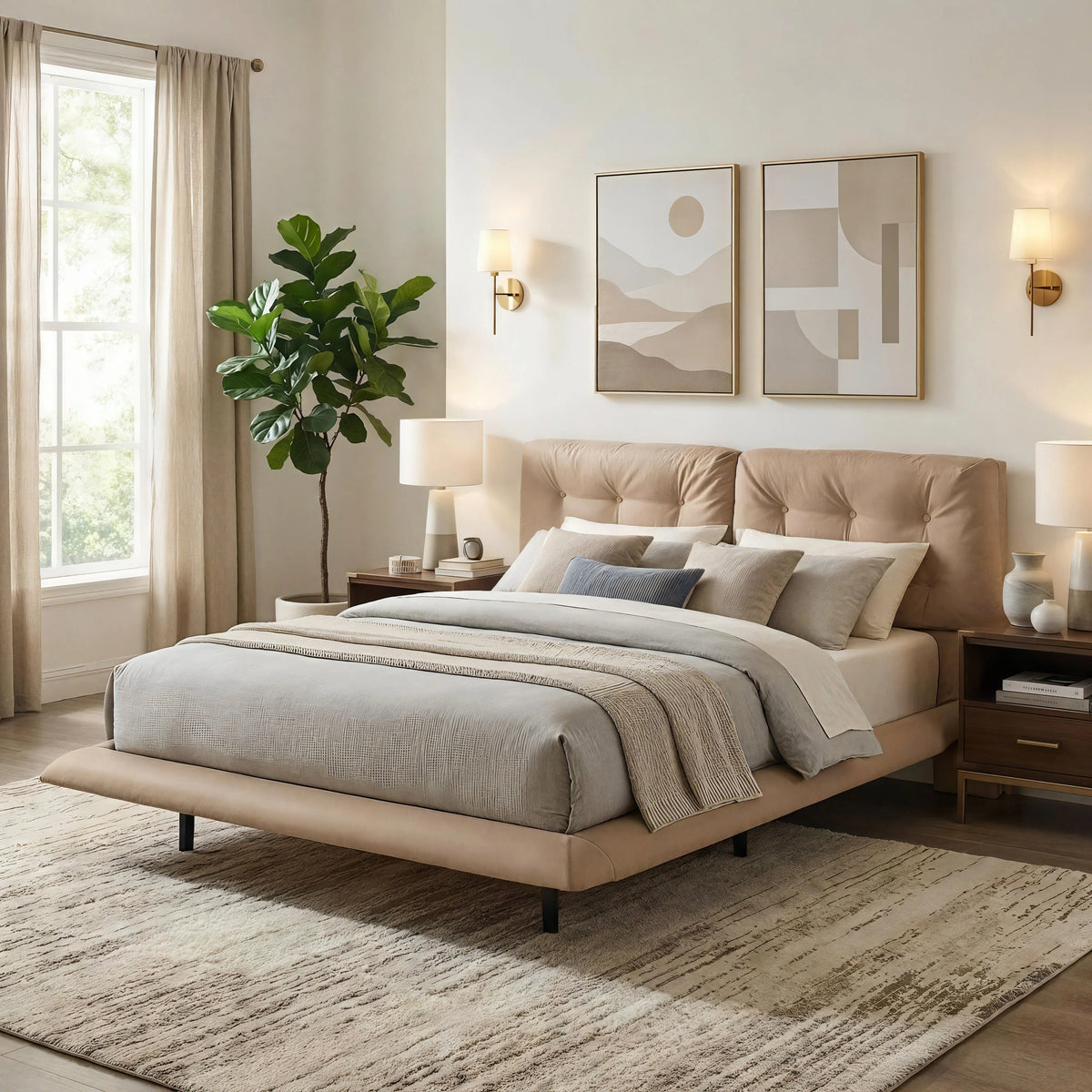 Queen Size Upholstered Floating Bed Frame with LED Lights