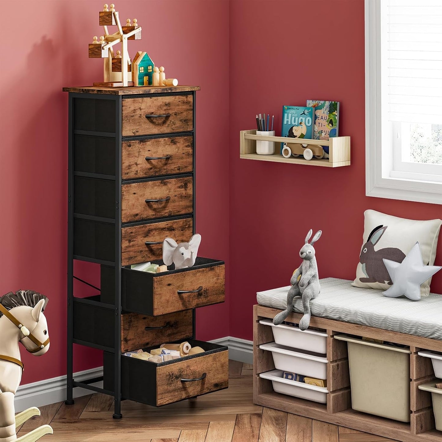 Tall Dresser With Seven Fabric Drawers In Woodgrain Finish