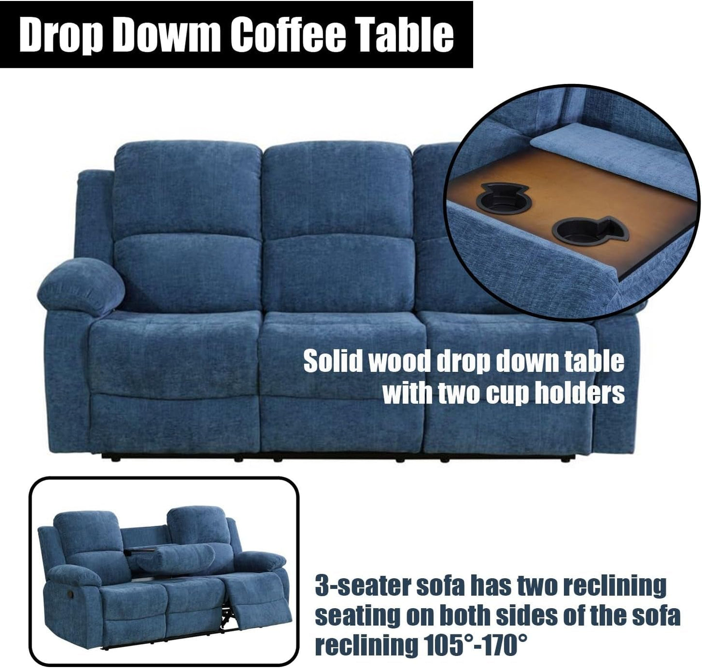 Blue Linen Recliner Sofa Set With Drop Down Table Storage