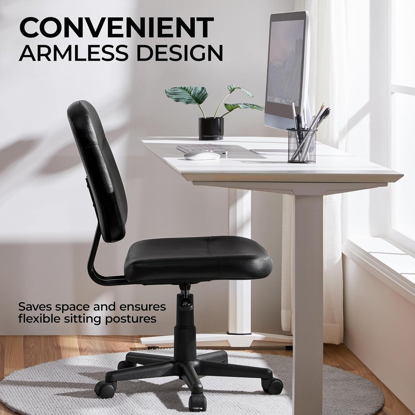 Armless Ergonomic Office Chair Black PU Leather Swivel