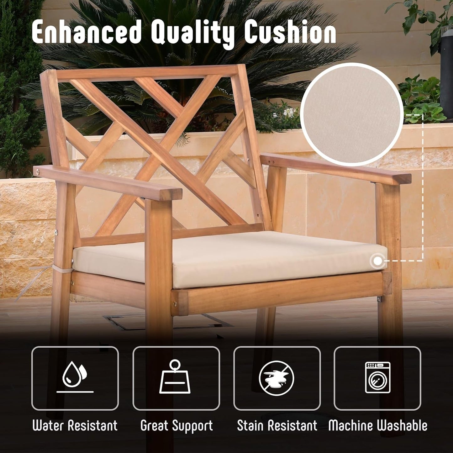 3 Piece Outdoor Patio Furniture Set Acacia Wood Cushioned Chairs And Coffee Table