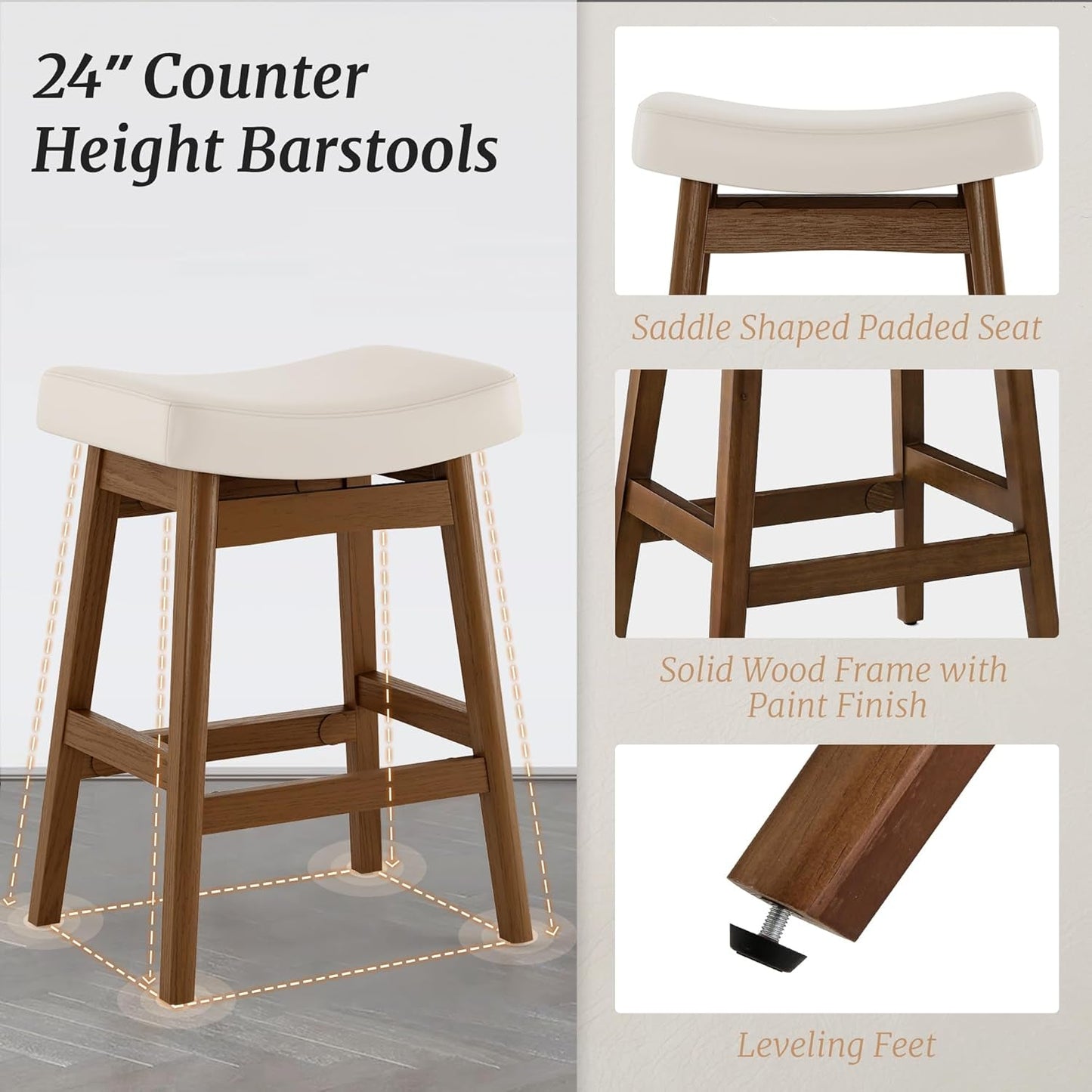 Bar Stools Set Of 2, 24 Inch Antique White Leather